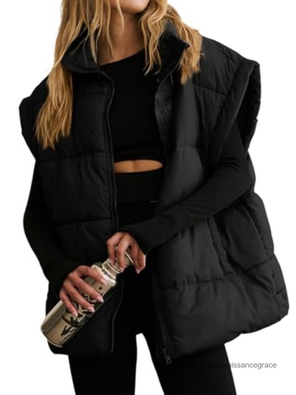 Quilted Puffer Vest Stand Collar Zip Front Sleeveless Winter Layer